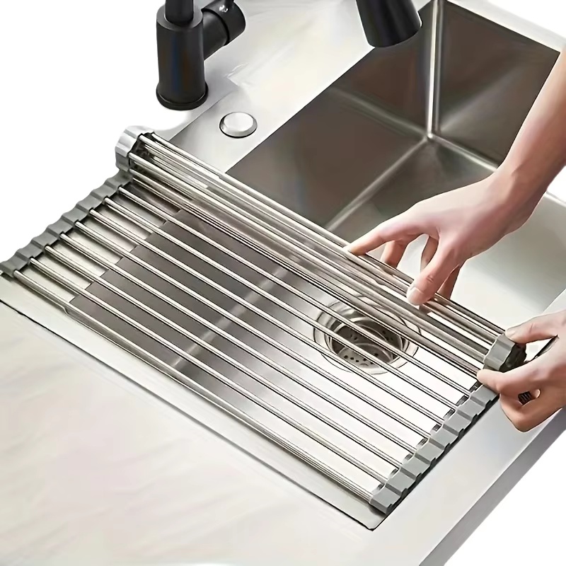 Food Storage Organiser - ที่คว่ำจานสแตนเลสแบบพับได้ 1 ชิ้น ชั้นวางจานแบบม้วนเก็บได้ ที่วางจานในอ่างล้างจาน อุปกรณ์จัดระเบียบชาม