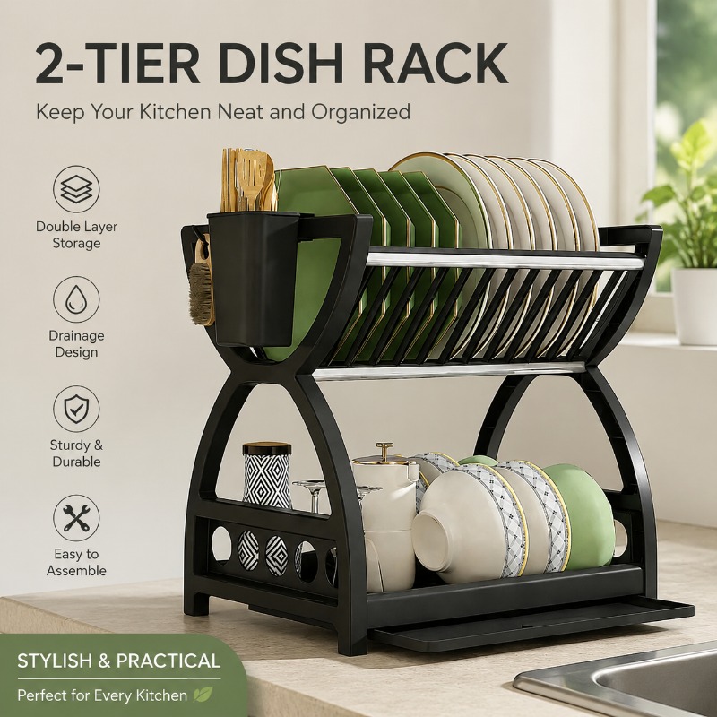 Food Storage Organiser - ชั้นวางจาน 2 ชั้น สำหรับวางบนเคาน์เตอร์ครัว พร้อมถาดรองน้ำและที่เก็บอุปกรณ์ครัว ช่วยประหยัดพื้นที่