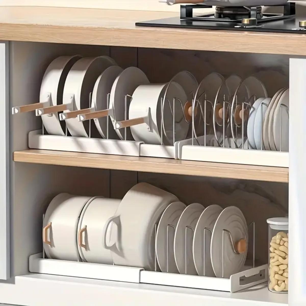 Food Storage Organiser - ที่จัดระเบียบหม้อและกระทะในครัวแบบขยายได้ ใต้ตู้ พร้อมตัวแบ่งปรับได้ 7 ช่อง กล่องเก็บอาหาร