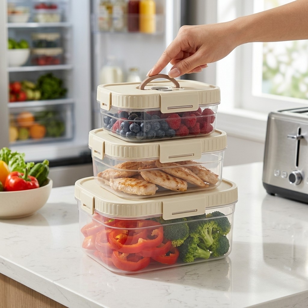 Food Storage Handling - กล่องเก็บอาหารแบบซ้อนได้พร้อมหูจับ ปิดผนึกกันรั่ว กล่องพลาสติกใสสำหรับเก็บรักษาความสด กล่องเก็บอาหารในตู้เย็น