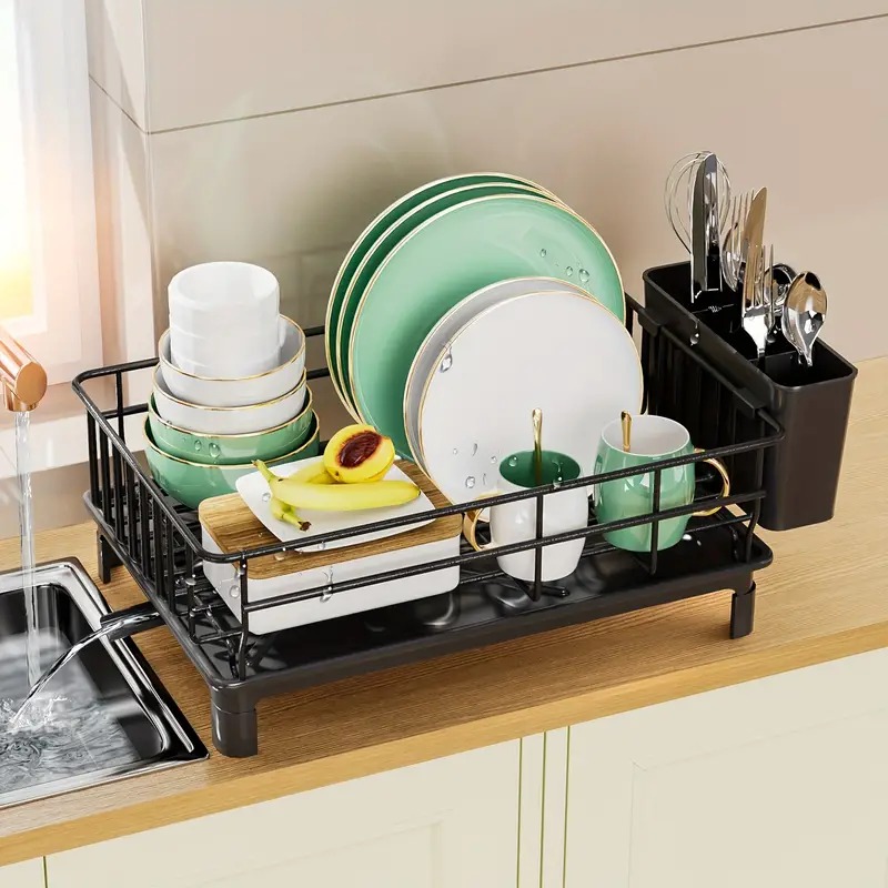 Food Storage Organiser - ที่คว่ำจานกันสนิม ชั้นวางจานบนเคาน์เตอร์ครัว ที่คว่ำจานพร้อมที่ใส่ช้อนส้อมและถาดรองน้ำสำหรับอ่างล้างจาน
