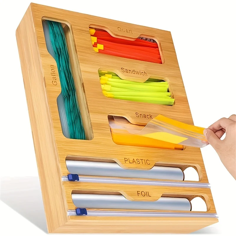 Food Storage Organiser - ห้องครัวชั้นวางของเครื่องห่อพลาสติกพร้อมเครื่องตัดถุง Ziplock ไม้ไผ่และฟอยล์และห่อพลาสติก Organizer