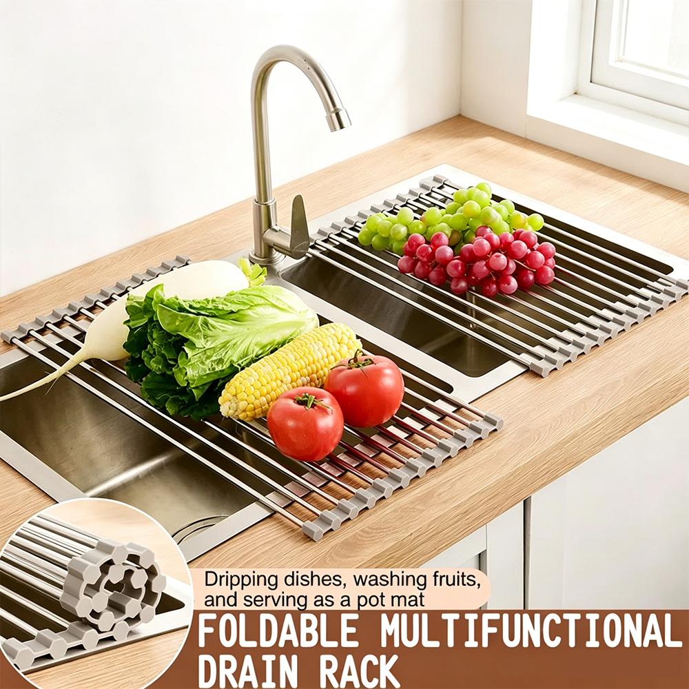 Food Storage Organiser - ชั้นวางจานอเนกประสงค์พับได้สำหรับอ่างล้างจาน สแตนเลส สำหรับวางจาน ผลไม้ ชาม และอุปกรณ์ครัว