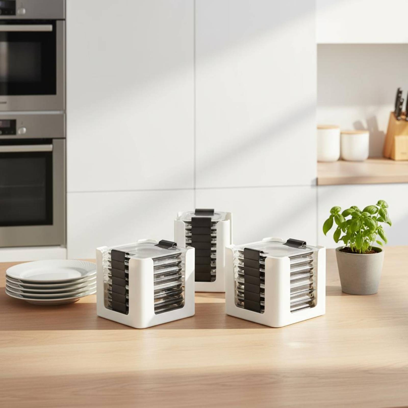 Food Storage Lid - ชั้นวางฝาปิดภาชนะ 3 ชิ้น สำหรับจัดเก็บฝาภาชนะทรงสี่เหลี่ยมผืนผ้า ช่องเปิดทรงกลม-สี่เหลี่ยม ปลอดสาร
