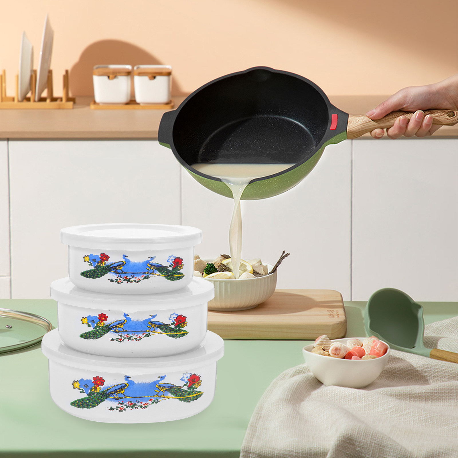 ชุดชามเคลือบ 3 ชิ้น ชามเรียบไม - Food Storage Refrigerator บทวิจารณ์และราคา